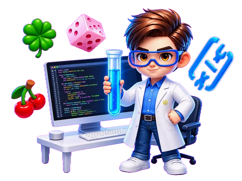BetrixLab scientist with floating game symbols and scrolling code