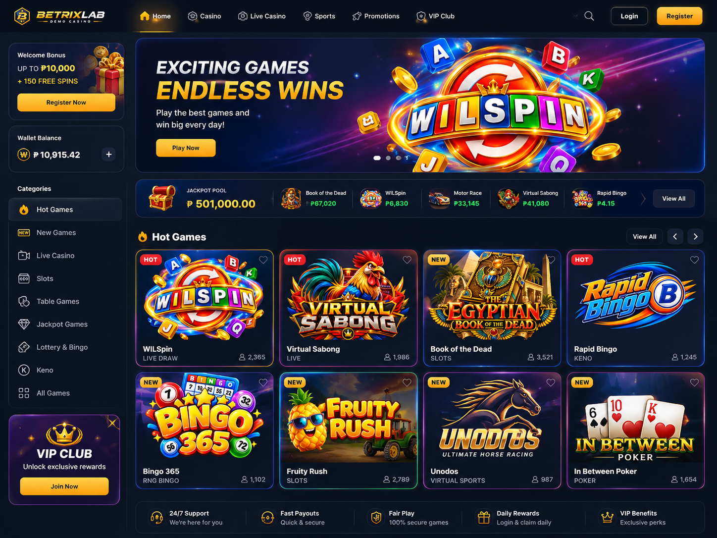 BetrixLab casino lobby on desktop